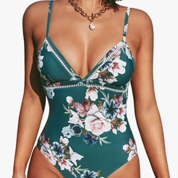 Cupshe Floral Lace Up One Piece Swimsuit Green / Teal Floral Large - Picture 1 of 9